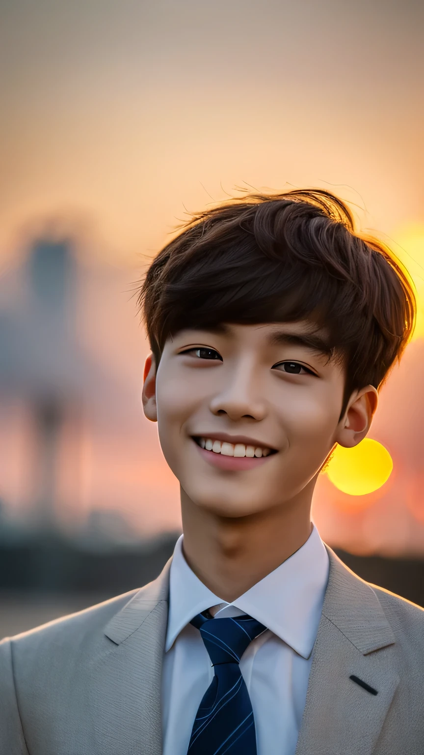 Highest quality, masterpiece, Ultra-high resolution, (Realistic: 1.4), Original photo, wallpaper, Head Photo, skin, Simple Background, Iris, detailed, Selfie, 1 boy, 18-year-old, good looking, Wind,suit、Sunset、smile