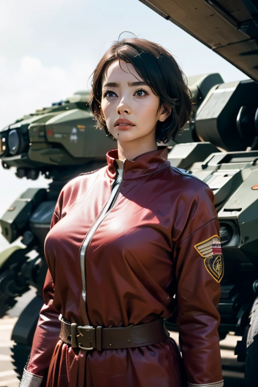 A still from a film showing a female mech pilot standing in front of her (Large combat mech:1.3), Sci-Fi Armor, military base, Strong winds, Sci-fi helmet in hand, visor, Detailed eyes, dry skin, Skin fuzz, Visible skin hair, Skin blemishes ,, Shallow depth of field, Vignette, Very detailed, big budget hollywood movie, Bokeh, CinemaScope, Sulky, amazing, nice, Film Grain