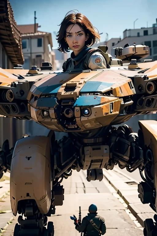 A still from a film showing a female mech pilot standing in front of her (Large combat mech:1.3), Sci-Fi Armor, military base, Strong winds, Sci-fi helmet in hand, visor, Detailed eyes, dry skin, Skin fuzz, Visible skin hair, Skin blemishes ,, Shallow depth of field, Vignette, Very detailed, big budget hollywood movie, Bokeh, CinemaScope, Sulky, amazing, nice, Film Grain