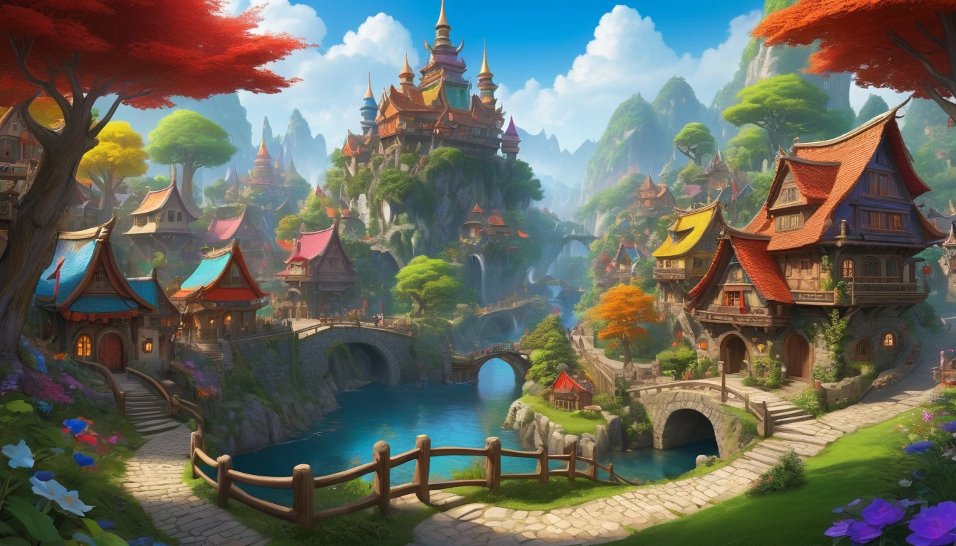 Ultra-realistic, Stereogram, Atmospheric pressure, Super Detail, Acura, Highest quality, Hyper HD, masterpiece, Anatomically correct, 16K, High resolution，Cartoon fairy tale village with a rainbow and a girl in a red dress, Magical World. colorful, Fairy Kingdom Forest, A bustling magical city, Magical Village, fantasy town, highly detailed magical fantasy, Medieval fantasy town, Complex rainbow environment, magical fantasy forest, whimsical fantasy landscape art, Zhuanghui digital fantasy art, Detailed fantasy illustrations, Cute and intricate digital art