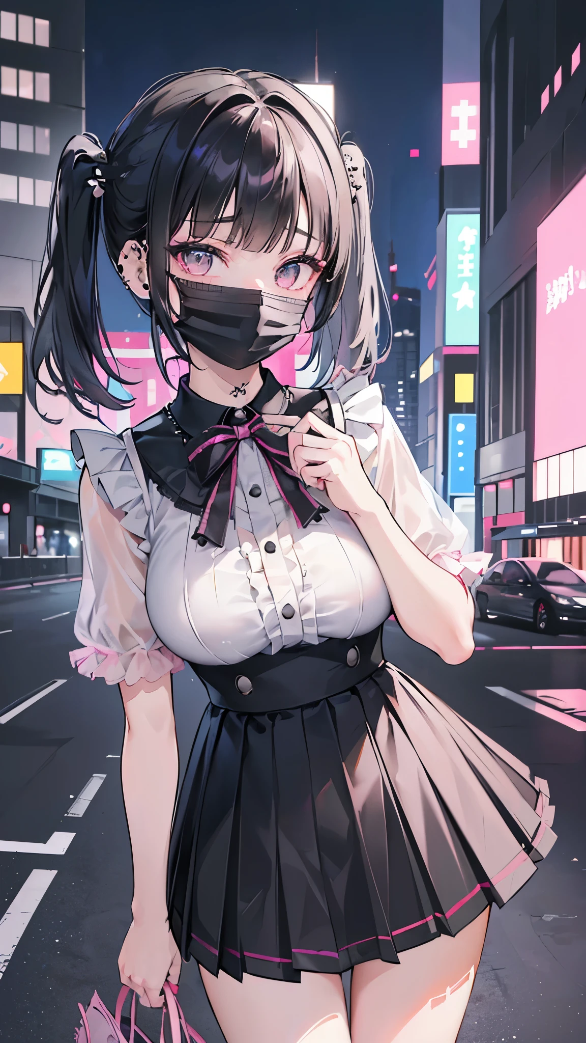 (masterpiece、Highest quality、Very detailed))、One girl、Black Hair、short hair、twintails、blunt bangs、Grey Eyes、((Black surgical mask))、((lots of piercing))、((Moderate breasts))、((Pink ruffled blouse))、Short sleeve、((Black pleated skirt))、((miniskirt))、Fishnet panty hose、girl fashion、Cowboy Shot、((night))、Downtown background