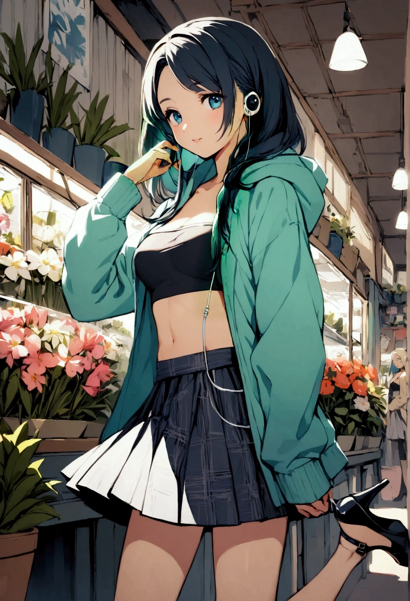 1 Girl Solo, Pretty face, Wearing hoodie, wearing tube top, wearing skirt. Wearing high heels, earphones, Japanese Models, 25 years old, No makeup, middle breasts, in flower shop