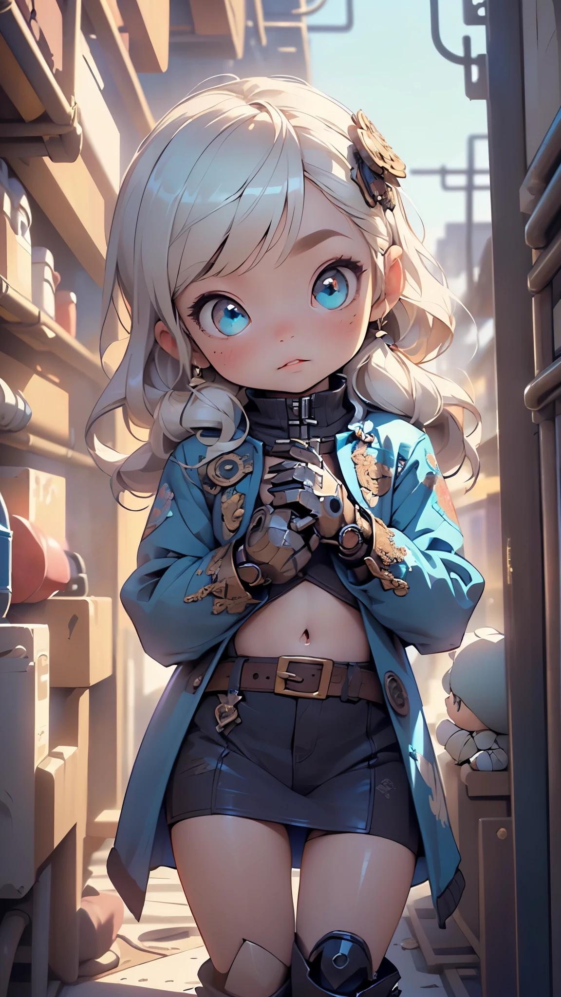 (((1 toddler:1.4))), (baby face), (round face), (little chest), (turquoise long hair:1.2, big forhead:1.2), turquoise hair, shiny hair, (beautiful big eyes:1.3), intricate eyes,beautiful detailed eyes,symmetrical eyes,big eyes:1.5,(turquoise eyes:1.2), extremely detailed cute anime face, clear pale blush, dark brown skin, solo,🦄,🌈,kawaii,(((lustrous skin:1.5,tanned skin,bright skin: 1.5,skin tanned,shiny skin,very shiny skin,shiny body))),((nsfw)),((little ,chibi))),((small tiny body)),,((((6 years old)))),((flat chest)),(((doll))),((doll joints:1.5,mechanical hands:1.5)),((tesla coils)),((body of a machine:1.5,metallic skin,ball joint,cyborg:1.5, robotic parts:1.5,robot:1.5,mechanical joints: 1.4,mechanical limbs)),
mini skirt,(navel),(steampunk wreath),steampunk clothes,(((blue steampunk coat,blue steampunk coat outfit,wearing a blue steampunk coat:1.3,winter blue coat)))(((white and blue theme clothes:1.2,intricate outfit,intricate clothes,embroidered, outfit,ornate outfit,embroidered clothes,ornate clothes))),
(dynamic pose:1.0),embarrassed,(centered,scale to fit dimensions,Rule of thirds),
((steampunk,industrial revolution)),scenery:1.25,((intricate scenery)),((steampunk, background)),
(Glossy winter ornaments),highres,sharp focus,(ultra detailed,extremely detailed),(photorealistic artwork:1.37),(extremely detailed CG unity 8k wallpaper),(((vibrant colors,vibrant theme))),(intricate),(masterpiece),(best quality),artistic photography,(photography taken by sldr),(intricate background),perfect rendered face,perfect face details,realistic face,photo realistic,((intricate detail)),(((realism))),
