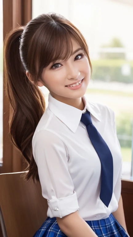 (Photoreal:1.4, 8K),((high Ponytail))、(ニップレス)、(びしょ濡れ)、(ツインテール)、 highest quality, masterpiece, ultra high resolution, perfect dynamic composition, (cinematic lens effects), (beautiful face), (brown hair:1.3, bangs, long hair), Highly detailed skin and facial textures:1.3, tanned skin:1.0, perfect proportions, Medium chest, shiny legs, Detail of limbs, Cute and sexy 18 year old high school girl, (completely enchants you:0.9), (school uniform:1.3, white shirt, blue tie, checked skirt), (gal makeup, eyeliner, lip gloss, Eyes that feel beautiful eros:0.85), sexy face:0.8, (beautiful eyes, thick lips, A taste of beautiful eroticism:0.85), (Too cute beauty:0.9), (classroom, machine, Chair, big window), (look at camera), (extreme close up:1.3), smile
