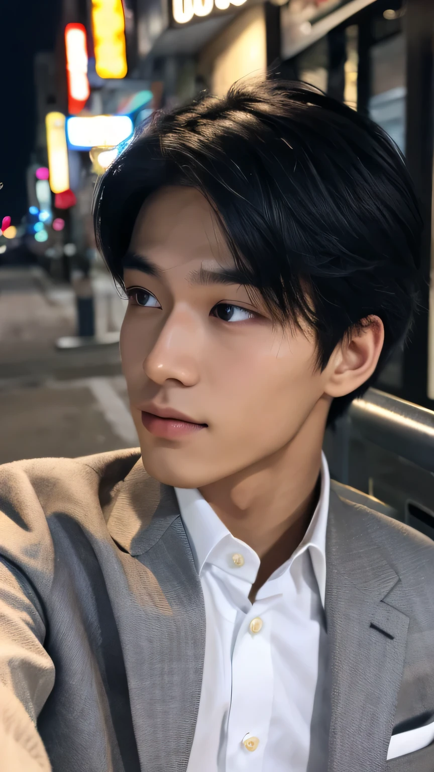 Highest quality, masterpiece, Ultra-high resolution, (Realistic: 1.4), Original photo, wallpaper, Head Photo, skin, Simple Background, Iris, detailed, Selfie, 1 boy, 18-year-old, good looking, Wind,suit、night