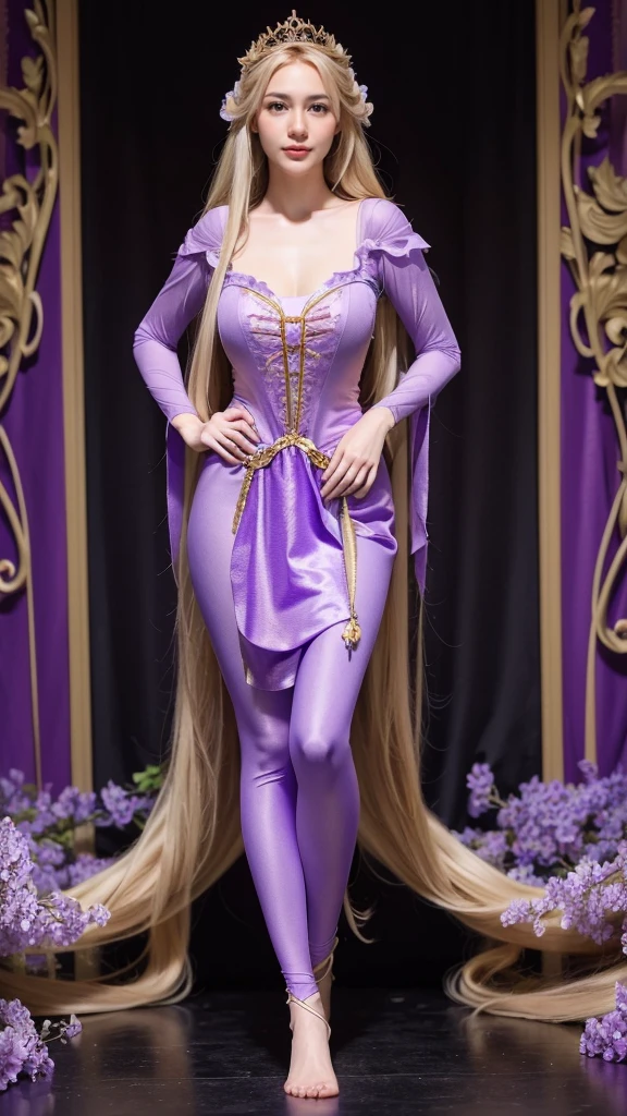 Best quality, masterpiece, 1girl, (Tangled's Rapunzel cosplay), ((purple Rapunzel-costume)), tall, fit body, blonde hair, pale skin, (high thighs cleavage), ((full body:1.2)), extremely beautiful, realistic skin texture, posing in the middle, symmetrical pose, forrest, lake