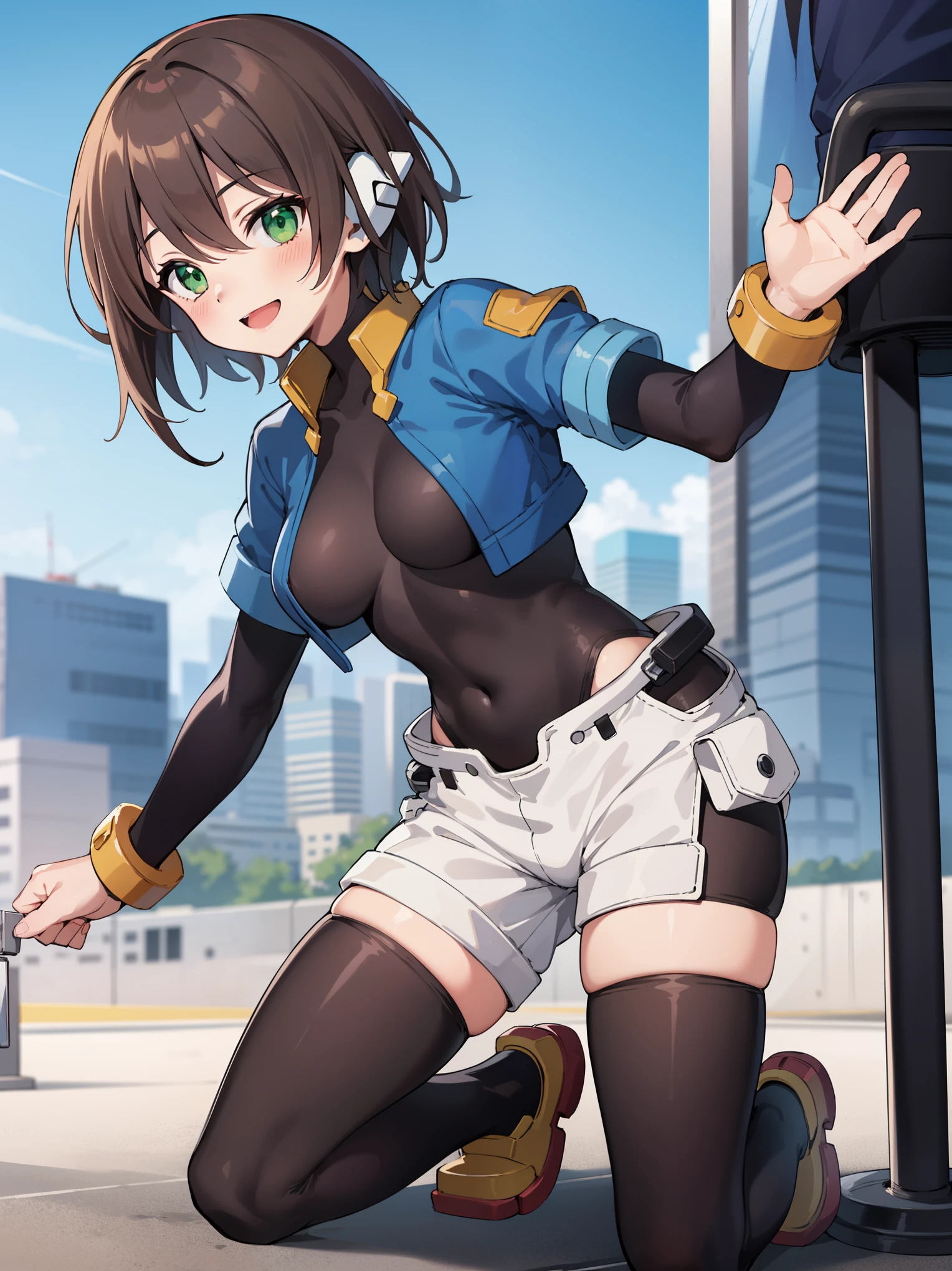 aile_megamanzx, kneeling with one hand on the ground and the other arm raised, 1girl, solo, short hair, brown hair, short sleeves, (bodysuit), robot ears, green eyes, short_shorts, short sleeves, short over long sleeves, smile, in futuristic city, , high quality, medium_breasts,crotch, slouch
