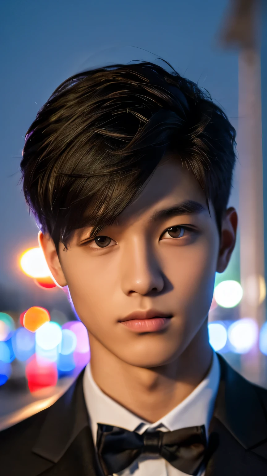 Highest quality, masterpiece, Ultra-high resolution, (Realistic: 1.4), Original photo, wallpaper, Head Photo, skin, Simple Background, Iris, detailed, Selfie, 1 boy, 18-year-old, good looking, Wind,suit、night