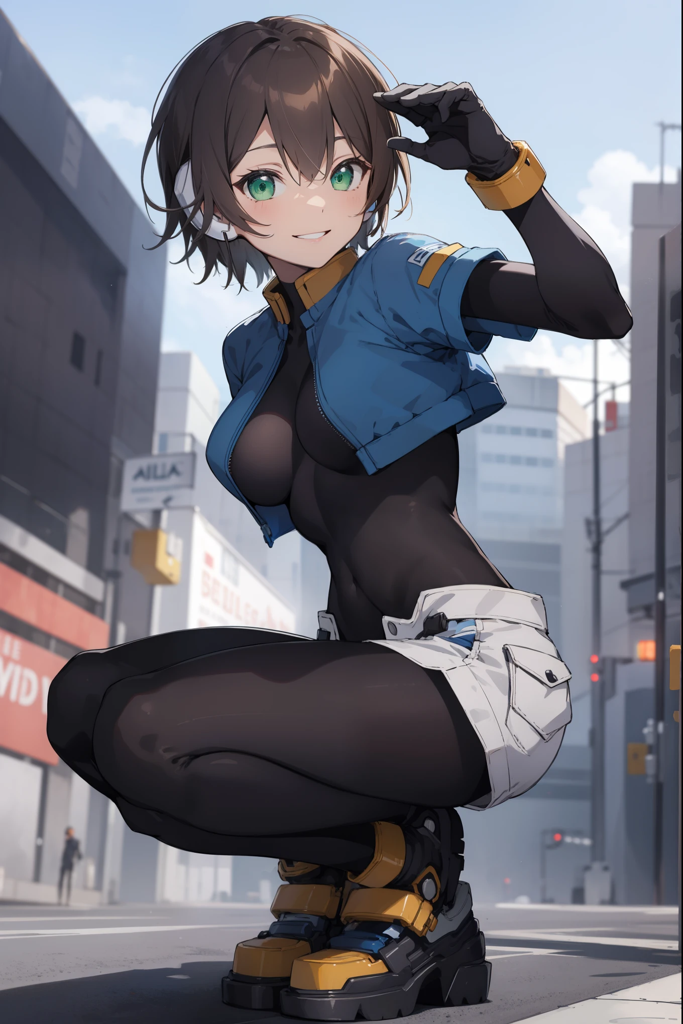 aile_megamanzx, kneeling with one hand on the ground and the other arm raised, 1girl, solo, short hair, brown hair, short sleeves, (bodysuit), robot ears, green eyes, short_shorts, short sleeves, short over long sleeves, smile, in futuristic city, , high quality, medium_breasts,crotch, slouch