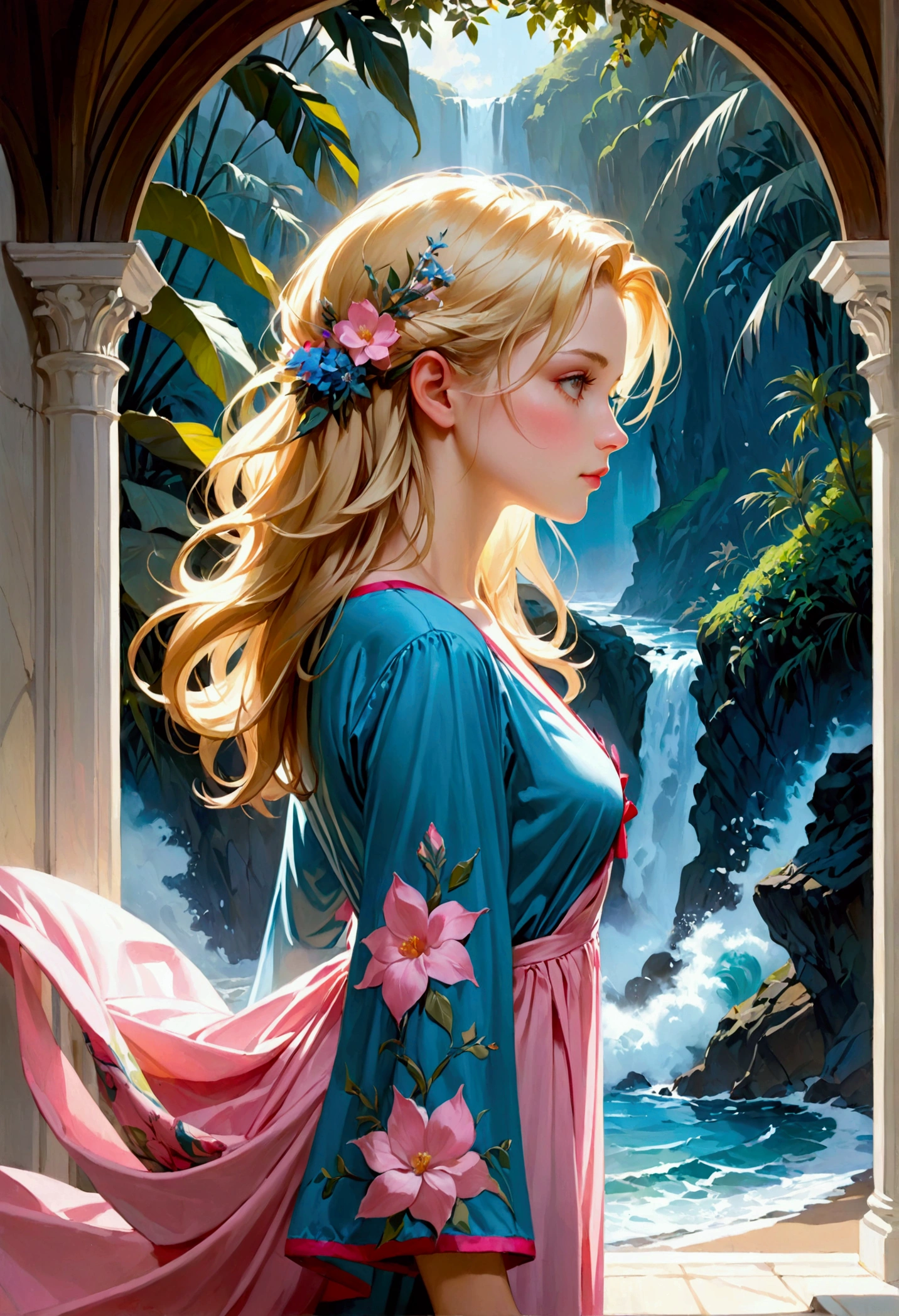 Create a meticulously detailed, realist oil painting that masterfully blends the styles of Norman Rockwell, Jeremy Mann, realistic Dungeons & Dragons, and Steve Hanks. The painting should seamlessly merge realism and expressionism, capturing both the intricate details of the woman and the ethereal quality of her surroundings.
The woman is depicted with photorealistic detail, showcasing the delicate embroidery on her pink nightshirt, which features exquisite floral patterns. The nightshirt, with its deep V-neckline and long, flowing sleeves, gracefully drapes from her shoulders, emphasizing her tranquil and demure demeanor. Her blonde hair cascades down her back in soft, natural waves, adding to the serene and introspective mood of the scene.
The woman is portrayed in a thoughtful pose, gently