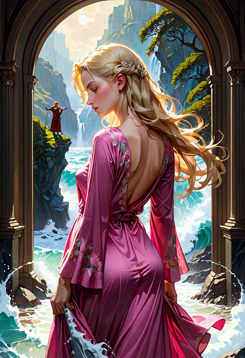 Create a meticulously detailed, realist oil painting that masterfully blends the styles of Norman Rockwell, Jeremy Mann, realistic Dungeons & Dragons, and Steve Hanks. The painting should seamlessly merge realism and expressionism, capturing both the intricate details of the woman and the ethereal quality of her surroundings.
The woman is depicted with photorealistic detail, showcasing the delicate embroidery on her pink nightshirt, which features exquisite floral patterns. The nightshirt, with its deep V-neckline and long, flowing sleeves, gracefully drapes from her shoulders, emphasizing her tranquil and demure demeanor. Her blonde hair cascades down her back in soft, natural waves, adding to the serene and introspective mood of the scene.
The woman is portrayed in a thoughtful pose, gently