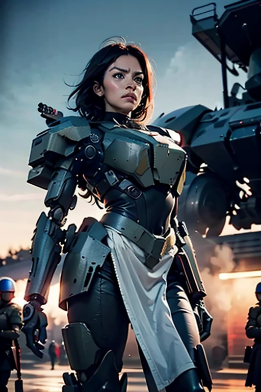 A still from a film showing a female mech pilot standing in front of her (Large combat mech:1.3), Sci-Fi Armor, military base, Strong winds, Sci-fi helmet in hand, visor, Detailed eyes, dry skin, Skin fuzz, Visible skin hair, Skin blemishes ,, Shallow depth of field, Vignette, Very detailed, big budget hollywood movie, Bokeh, CinemaScope, Sulky, amazing, nice, Film Grain