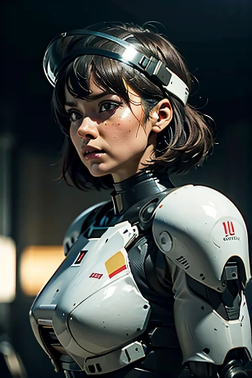 A still from a film showing a female mech pilot standing in front of her (Large combat mech:1.3), Sci-Fi Armor, military base, Strong winds, Sci-fi helmet in hand, visor, Detailed eyes, dry skin, Skin fuzz, Visible skin hair, Skin blemishes ,, Shallow depth of field, Vignette, Very detailed, big budget hollywood movie, Bokeh, CinemaScope, Sulky, amazing, nice, Film Grain