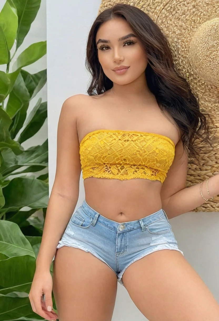 ((Best resolution)), ((high quality:1.2)), Work of art, 8k, extremely detailed, ((High detail:1.2)), (HotLexi woman), Solo, 24 years old Brazilian female, (mini-shorts, crop strapless), (beautiful defined square model face:1.23),