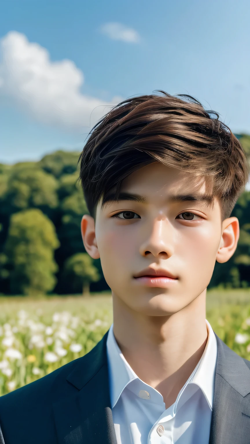 Highest quality, masterpiece, Ultra-high resolution, (Realistic: 1.4), Original photo, wallpaper, Head Photo, skin, Simple Background, Iris, detailed, Selfie, 1 boy, 18-year-old, good looking, Wind,suit、Flower Field