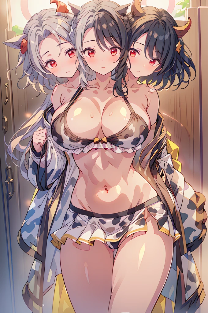 (masterpiece, best quality),best quality, (ultra-detailed), ((3heads:1.5)), 1girl, (ushizaki urumi:1.3), masterpiece, best quality, ultra quality, ultra resolution, ultra detail, white top, crop top, ((stomach)), midriff, ((groin)), yellow skirt, normal ears, shackles, black hair, very long hair, wavy hair, sidelocks, red eyes, parted lips, sweat, cute, toned belly, hand on own chest, eyelashes, (24 year old woman:1.3), (masterpiece:1.5), (best quality:1.5), (beautiful detailed extremely detailed CG, extremely delicate and beautiful, depth of field, (finely detailed face), (perfect details:1.3), (mature female:1.3), wide pelvis, slender, large veiny breast, 16k resolution, highres, very high quality, very high definition, extremely detailed, masterpiece, black hair, long hair, alluring presence, braid, short skirt, close up, very big tits, huge tits, young, star hair ornament, yellow ribbon, side ponytail, cabbie hat, hair ornament, two-tone hair, split-color hair, japanese clothes, horns, cow girl, cow horns,