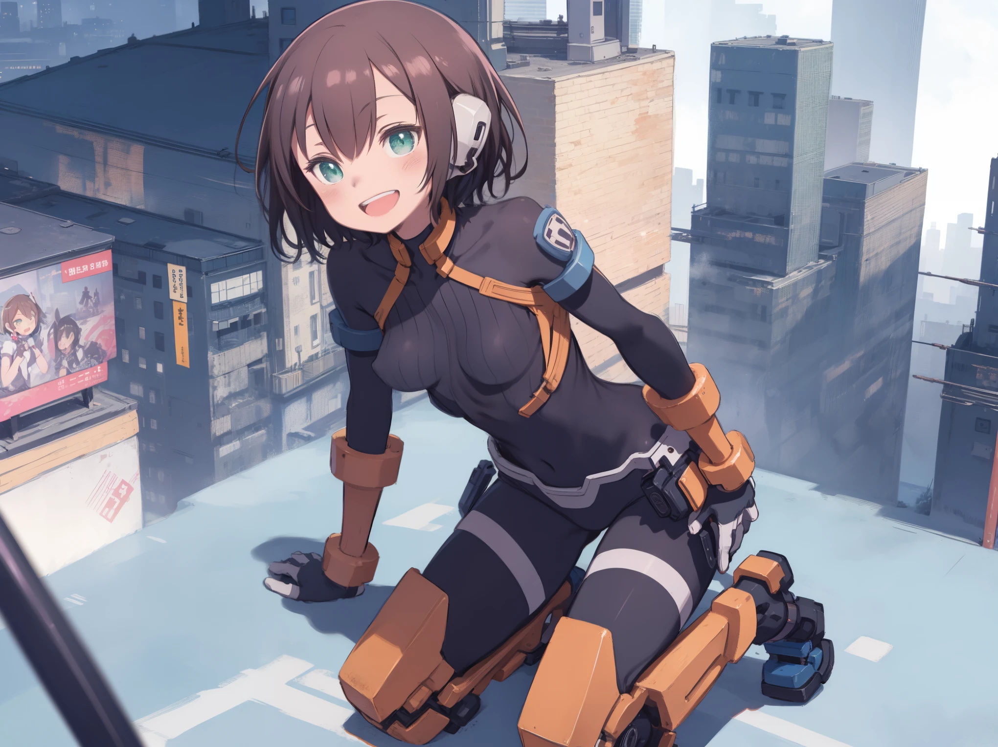 aile_megamanzx, kneeling with one hand on the ground and the other arm raised, 1girl, solo, short hair, brown hair, short sleeves, (bodysuit), robot ears, green eyes, short_shorts, short sleeves, short over long sleeves, smile, in futuristic_city_landscape, , high quality, medium_breasts,crotch, slouch,(covered_nipples:0.6), laugh,smile,open_mouth.