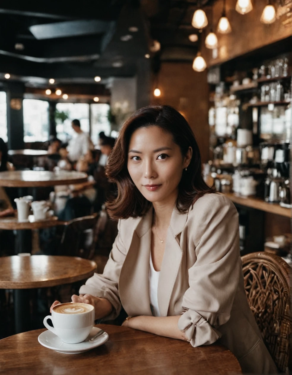 Pointing at something in a coffee shop、怒った表情を浮かべたボブヘアの 40 歳の女性のmovieのような写真,
35mm Photography, movie, Professional, 4K, Very detailed