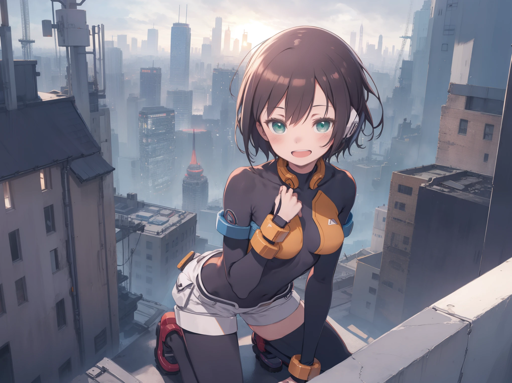 aile_megamanzx, kneeling with one hand on the ground and the other arm raised, 1girl, solo, short hair, brown hair, short sleeves, (bodysuit), robot ears, green eyes, short_shorts, short sleeves, short over long sleeves, smile, in futuristic_city_landscape, , high quality, medium_breasts,crotch, slouch,(covered_nipples:0.6), laugh,smile,open_mouth.