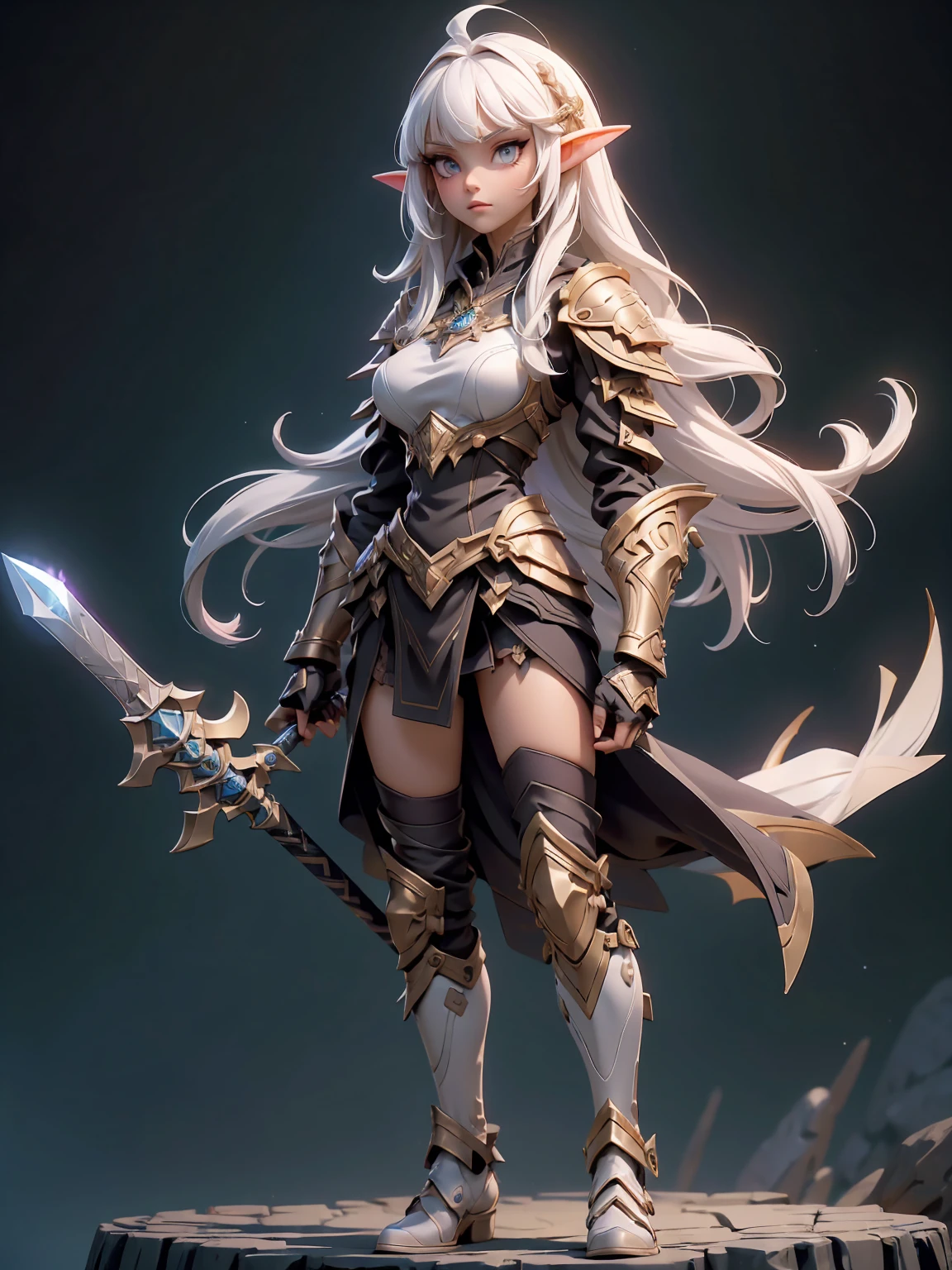 (((masterpiece, best quality, high detailed, 4k))) Design a layout showcase Gaming character, (1girl). Purple|Black clothes, stylish and unique. ((showcase weapon:1.4)), holy majestic spear. (luminous lighting, atmospheric lighting). arcane elf, ((glove full hands)), revealing clothes, vambraces, armored legwear, full body shot. {In a mystical library}. (zentangle, mandala, fractal art:1.3), maxiskirt, dress conservatively, (elf:1.2), solo, full body, wide shot, standing with white boots, holding spear down, blunt bangs, hair between eyes, white hair, golden eyes, long hair, elf ears, Valkyrie white armor, angel, chest protector, side bang, looking at viewer, dynamic pose, art style by Artgerm, by Kawacy, by Wadim Kashin, BREAK, eyelashes, eyeshadow, pink eyeshadow.