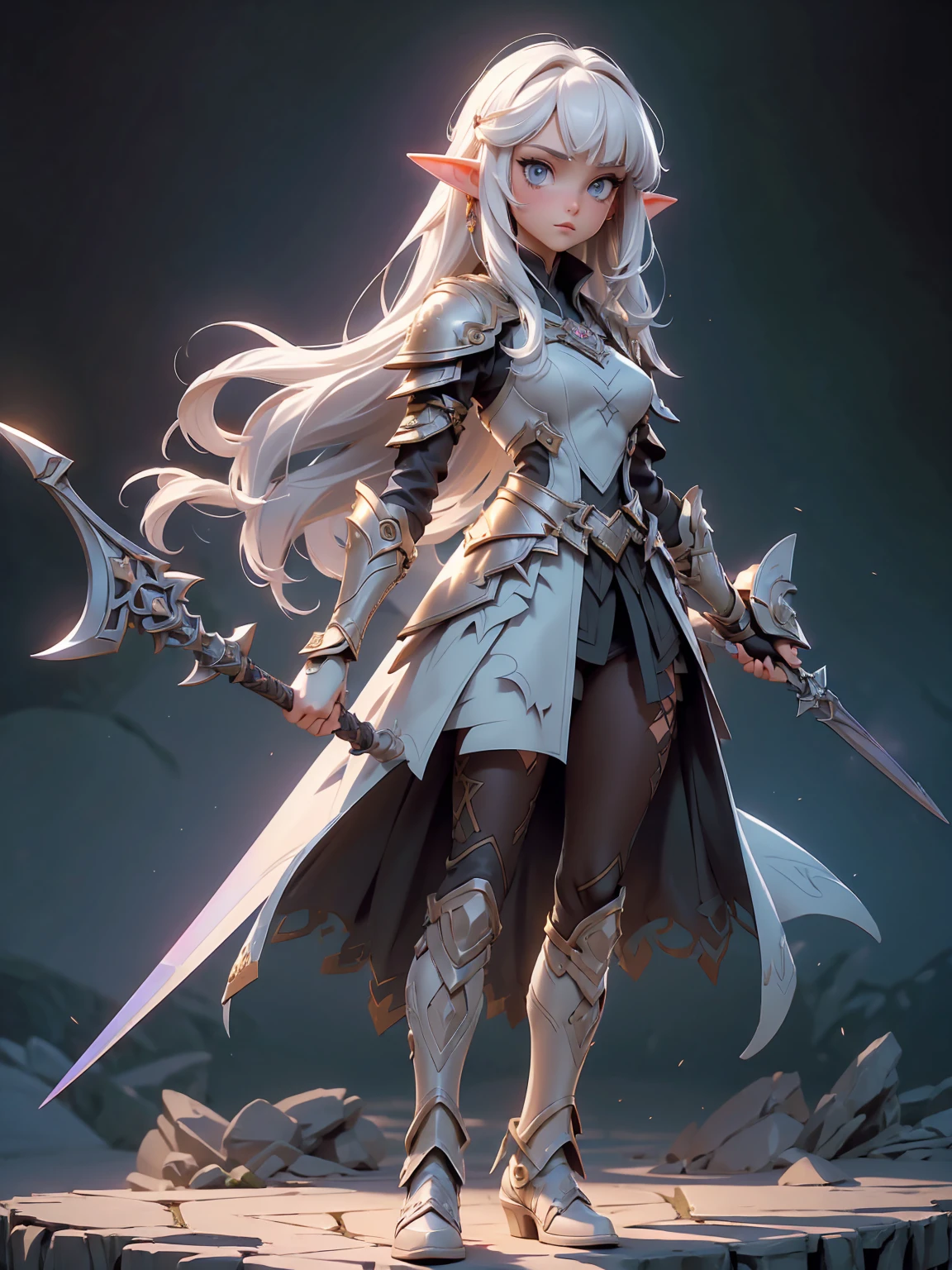 (((masterpiece, best quality, high detailed, 4k))) Design a layout showcase Gaming character, (1girl). Purple|Black clothes, stylish and unique. ((showcase weapon:1.4)), holy majestic spear. (luminous lighting, atmospheric lighting). arcane elf, ((glove full hands)), revealing clothes, vambraces, armored legwear, full body shot. {In a mystical library}. (zentangle, mandala, fractal art:1.3), maxiskirt, dress conservatively, (elf:1.2), solo, full body, wide shot, standing with white boots, holding spear down, blunt bangs, hair between eyes, white hair, golden eyes, long hair, elf ears, Valkyrie white armor, angel, chest protector, side bang, looking at viewer, dynamic pose, art style by Artgerm, by Kawacy, by Wadim Kashin, BREAK, eyelashes, eyeshadow, pink eyeshadow.

