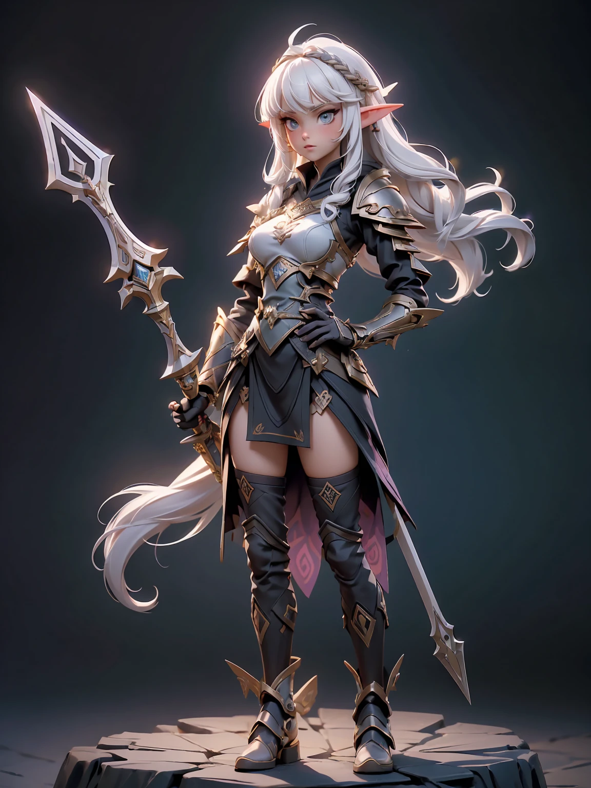 (((masterpiece, best quality, high detailed, 4k))) Design a layout showcase Gaming character, (1girl). Purple|Black clothes, stylish and unique. ((showcase weapon:1.4)), holy majestic spear. (luminous lighting, atmospheric lighting). arcane elf, ((glove full hands)), revealing clothes, vambraces, armored legwear, full body shot. {In a mystical library}. (zentangle, mandala, fractal art:1.3), maxiskirt, dress conservatively, (elf:1.2), solo, full body, wide shot, standing with white boots, holding spear down, blunt bangs, hair between eyes, white hair, golden eyes, long hair, elf ears, Valkyrie white armor, angel, chest protector, side bang, looking at viewer, dynamic pose, art style by Artgerm, by Kawacy, by Wadim Kashin, BREAK, eyelashes, eyeshadow, pink eyeshadow.
