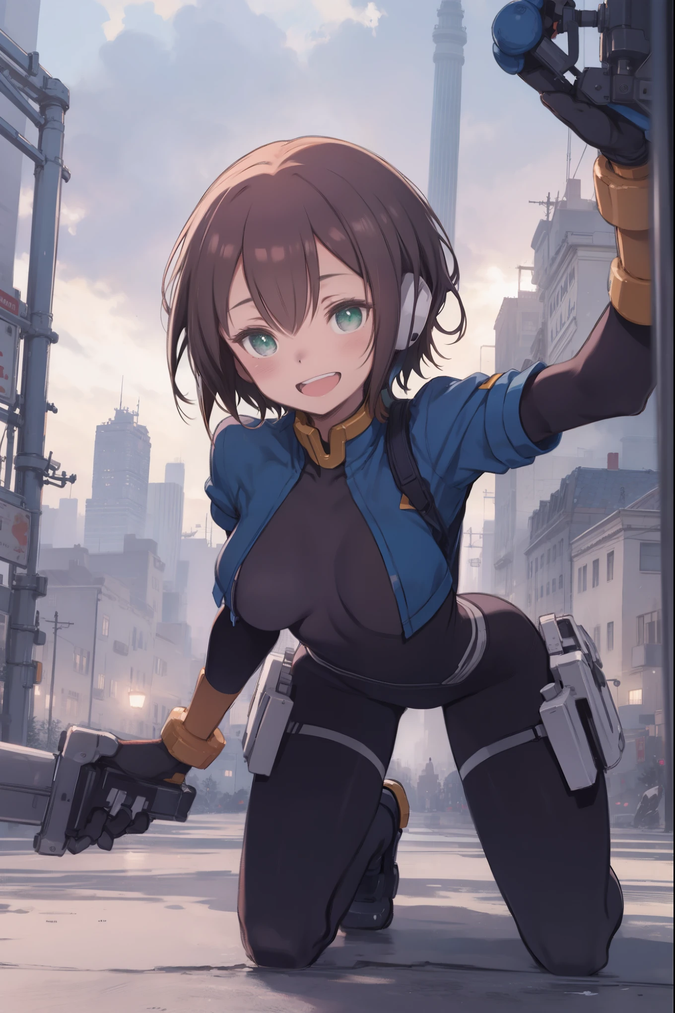 aile_megamanzx, kneeling with one hand on the ground and the other arm raised, 1girl, solo, short hair, brown hair, short sleeves, (bodysuit), robot ears, green eyes, short_shorts, short sleeves, short over long sleeves, smile, in futuristic_city_landscape, , high quality, medium_breasts,crotch, slouch,(covered_nipples:0.6), laugh,smile,open_mouth.