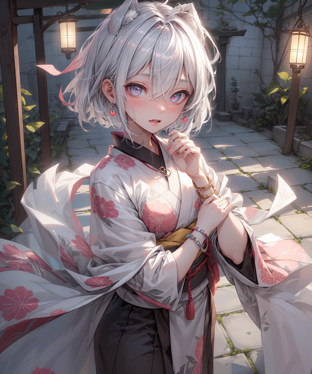 (Highest quality、High resolution、8k、masterpiece)。古き時代を感じるEdo Periodの和室。View of the garden。Look away、Open your mouth、Pink Eyes、Silver Hair、Heart shaped pupil、teeth、tongue、tongueを出す、（Original Character, (1 Girl)、Perfect Face、((short hair:1.2))、(Hair above one eye:1.3)、[[Disheveled Hair]]、Detailed eyes that shine、Light and shadow、 ((High angle shot))、Full body、bracelet、necklace、Disheveled clothes、Follow the Silver Wolf、Edo Period、kimono、turn around。Show your back。Back view。Put your hands behind your back。
