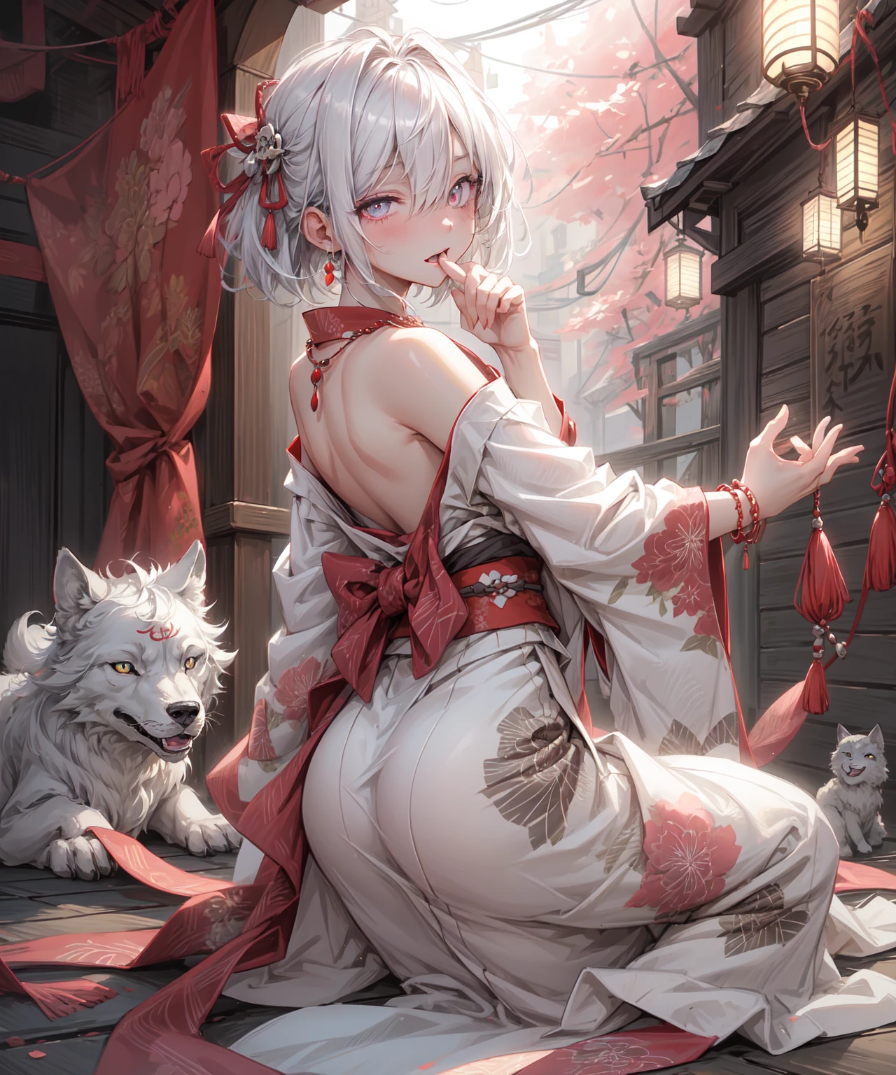 (Highest quality、High resolution、8k、masterpiece)。古き時代を感じるEdo Periodの和室。View of the garden。Look away、Open your mouth、Pink Eyes、Silver Hair、Heart shaped pupil、teeth、tongue、tongueを出す、（Original Character, (1 Girl)、Perfect Face、((short hair:1.2))、(Hair above one eye:1.3)、[[Disheveled Hair]]、Detailed eyes that shine、Light and shadow、 ((High angle shot))、Full body、bracelet、necklace、Disheveled clothes、Follow the Silver Wolf、Edo Period、kimono、turn around。Show your back。Back view。Put your hands behind your back。