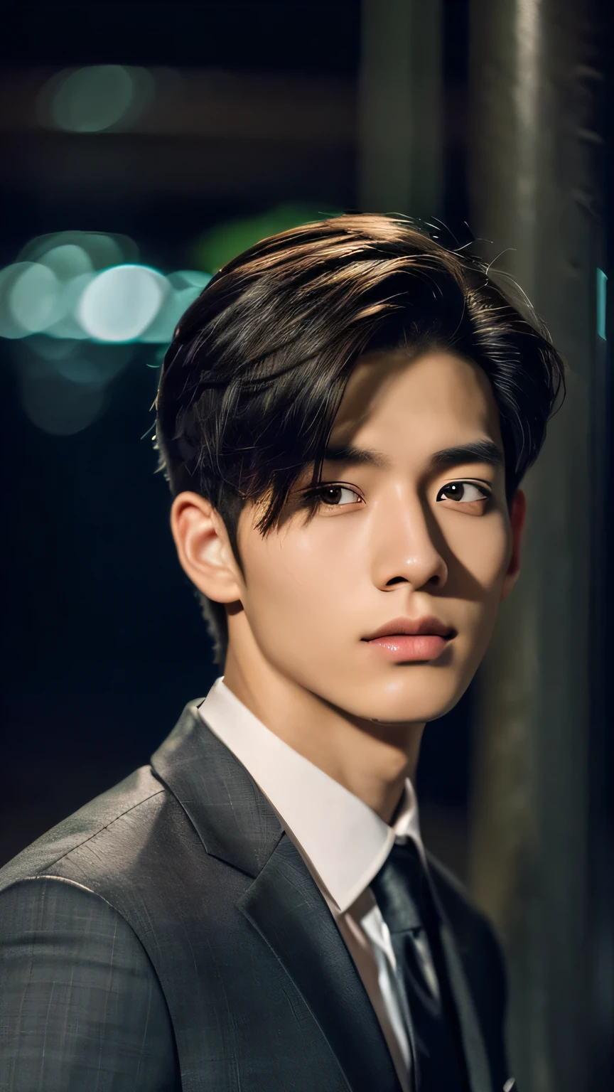 Highest quality, masterpiece, Ultra-high resolution, (Realistic: 1.4), Original photo, wallpaper, Head Photo, skin, Simple Background, Iris, detailed, Selfie, 1 boy, 18-year-old, good looking, Wind,suit、night