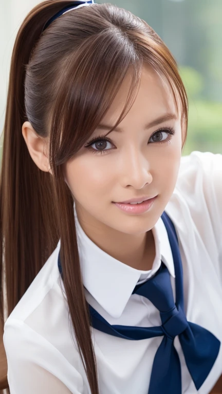 (Photoreal:1.4, 8k),((high Ponytail))、((A wet, see-through jacket))、See-through、(Nipple Covers)、(Soaking wet)、(Twin tails)、 highest quality, masterpiece, ultra high resolution, perfect dynamic composition, (cinematic lens effects), (beautiful face), (brown hair:1.3, bangs, long hair), Highly detailed skin and facial textures:1.3, tanned skin:1.0, perfect proportions, Medium chest, shiny legs, Detail of limbs, Cute and sexy 18 year old high school girl, (completely enchants you:0.9), (school uniform:1.3, white shirt, Blue tie, checked skirt), (gal makeup, eyeliner, lip gloss, Eyes that feel beautiful eros:0.85), sexy face:0.8, (beautiful eyes, thick lips, A taste of beautiful eroticism:0.85), (Too cute beauty:0.9), (classroom, machine, Chair, big window), (look at camera), (extreme close up:1.3), smile