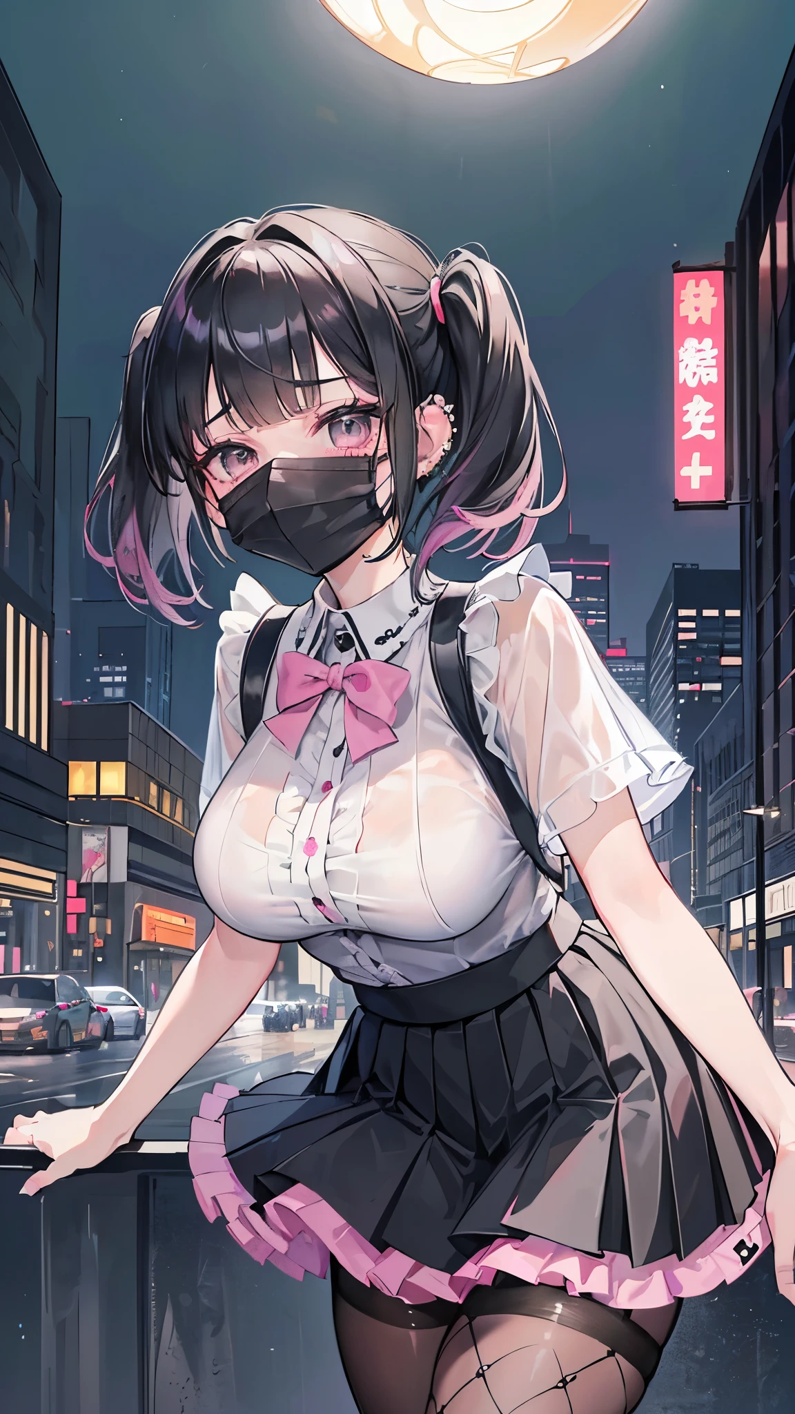 (masterpiece、Highest quality、Very detailed))、One girl、Black Hair、short hair、twintails、blunt bangs、Grey Eyes、((Black surgical mask))、((lots of piercing))、((Moderate breasts))、((Pink blouse))、Frills、Short sleeve、((Black pleated skirt))、((miniskirt))、((Fishnet pantyhose))、Cowboy Shot、((bent over))、((night))、Downtown background