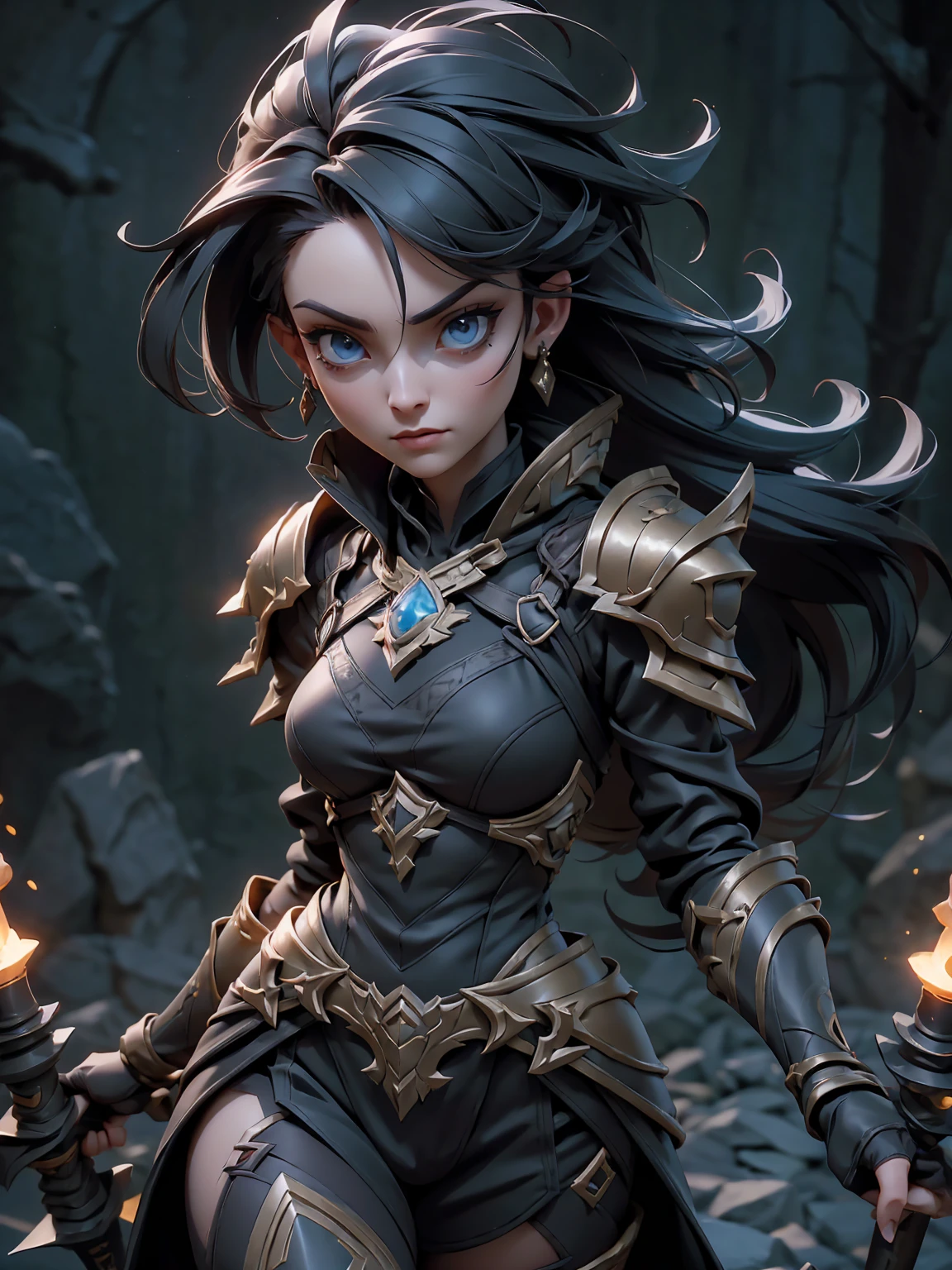 A dark and cursed female game character, wearing ornate black and gold armor, wielding a cursed blade, with dark vambraces and cursed boots, in a gloomy, atmospheric lighting, full body shot, (best quality,4k,8k,highres,masterpiece:1.2),ultra-detailed,(realistic,photorealistic,photo-realistic:1.37),HDR,UHD,studio lighting,ultra-fine painting,sharp focus,physically-based rendering,extreme detail description,professional,vivid colors,bokeh,dark fantasy,concept art