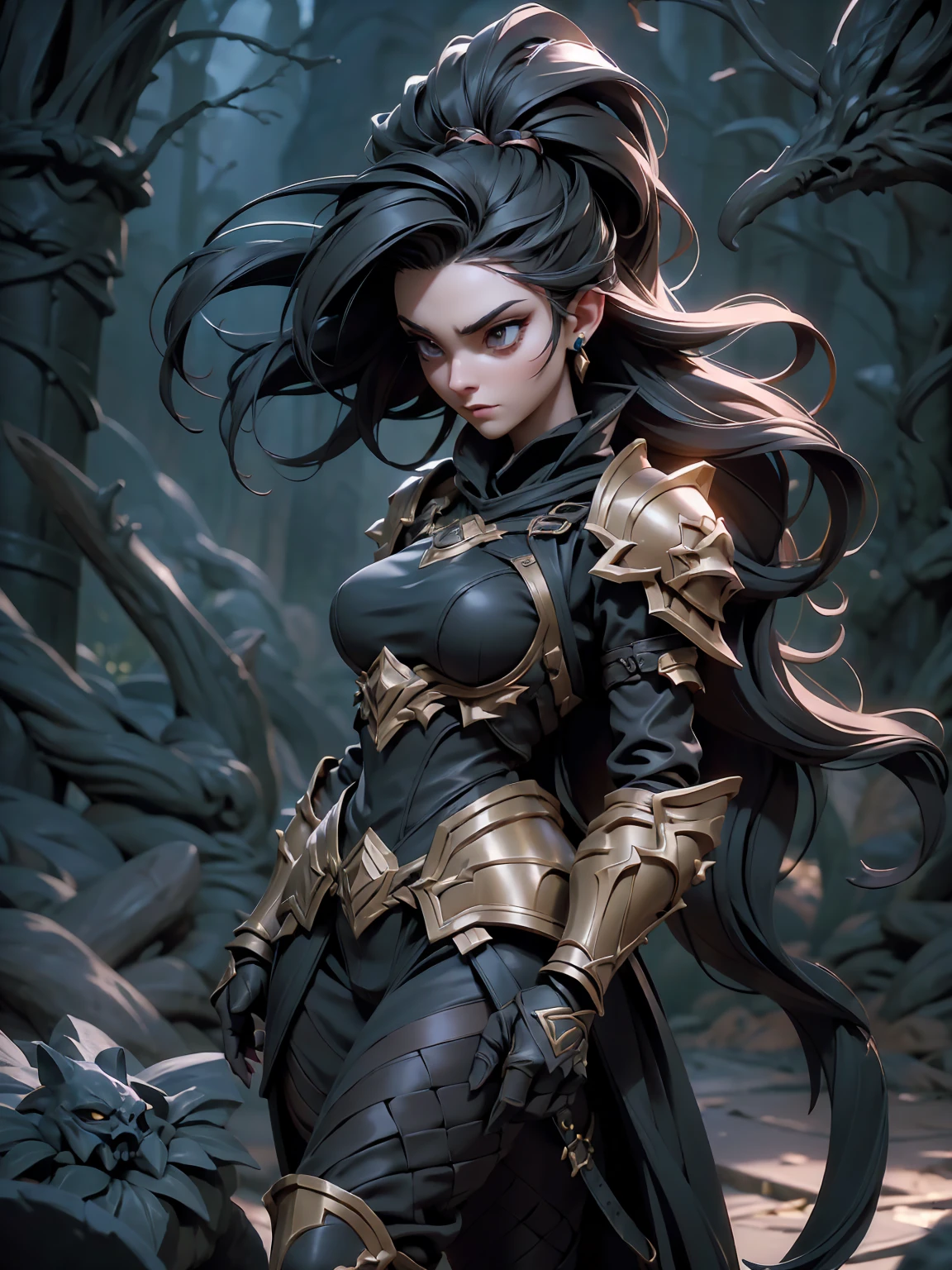 A dark and cursed female game character, wearing ornate black and gold armor, wielding a cursed blade, with dark vambraces and cursed boots, in a gloomy, atmospheric lighting, full body shot, (best quality,4k,8k,highres,masterpiece:1.2),ultra-detailed,(realistic,photorealistic,photo-realistic:1.37),HDR,UHD,studio lighting,ultra-fine painting,sharp focus,physically-based rendering,extreme detail description,professional,vivid colors,bokeh,dark fantasy,concept art