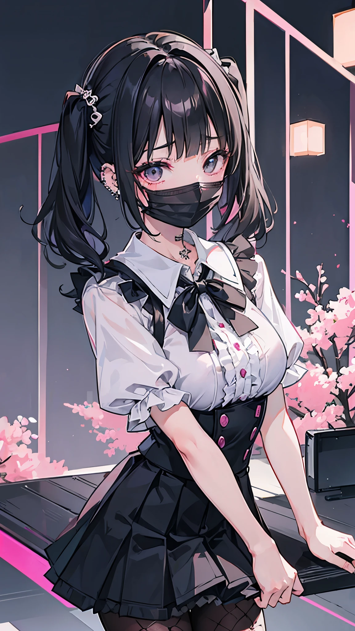 (masterpiece、Highest quality、Very detailed))、One girl、jirai kei、Black Hair、short hair、twintails、blunt bangs、Grey Eyes、((Black surgical mask))、((lots of piercing))、((Moderate breasts))、((Pink blouse))、Frills、Short sleeve、((Black pleated skirt))、((miniskirt))、((Fishnet pantyhose))、Cowboy Shot、((bent over))、((night))、Downtown background
