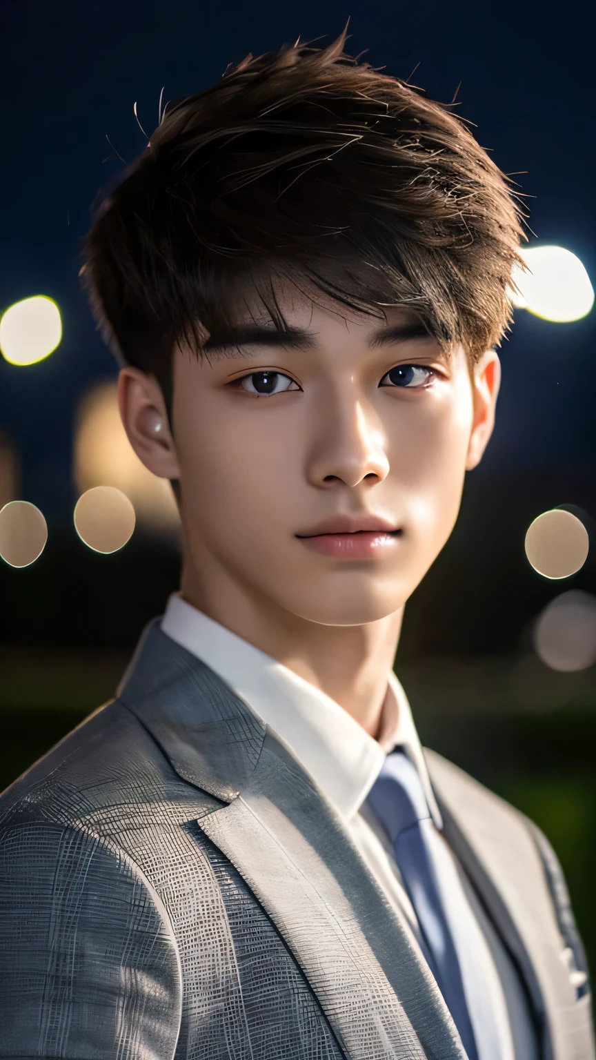 Highest quality, masterpiece, Ultra-high resolution, (Realistic: 1.4), Original photo, wallpaper, Head Photo, skin, Simple Background, Iris, detailed, Selfie, 1 boy, 18-year-old, good looking, Wind,suit、night