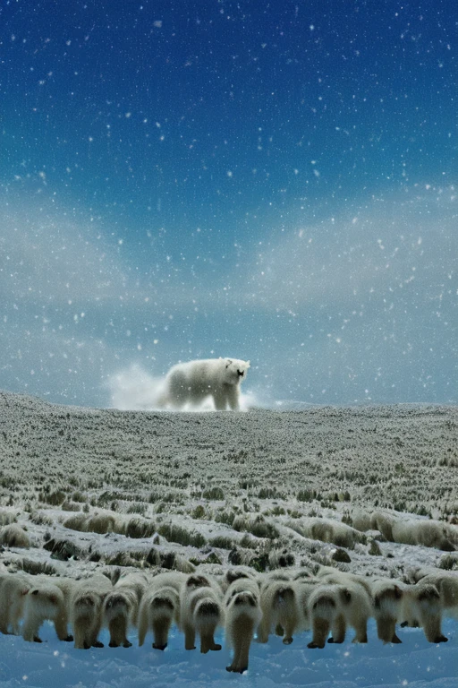 (((There is a group of forty-nine polar bears in this image, just white fur, furious, Sauvage, aggressive, extinto  Sauvage ))) 49 Polar bear stands looking at the sky Medium muscular, frozen planet setting, snowstorm , zoomed in on crotch, , chunie, darkgem, martepiece, dynamic photography.masterpiece, dynamic photography, Film image, cena de batalha.