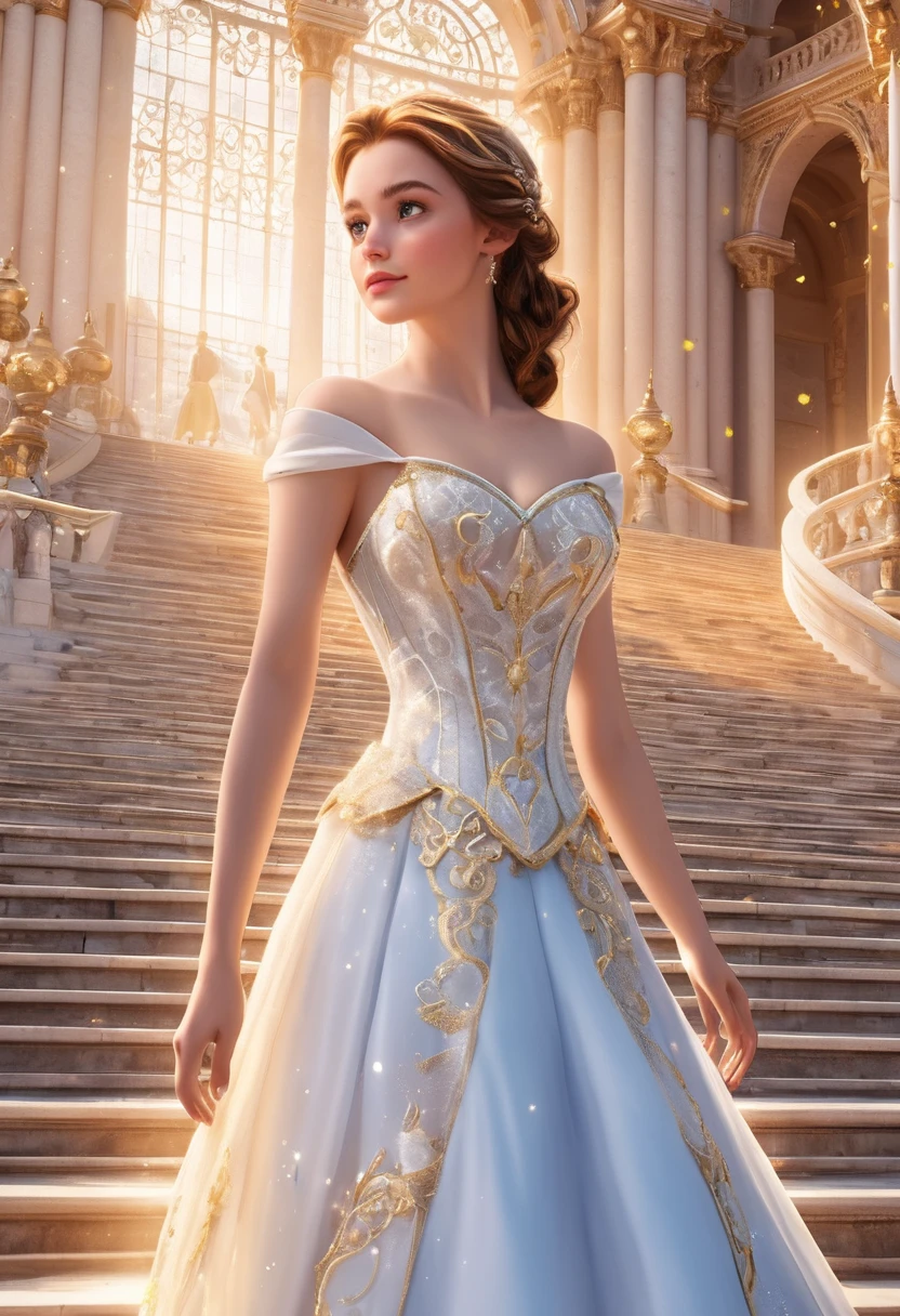 Animation, (1 girl:1.3, Belle from Beauty and the Beast_Beautiful appearance), Body made of light, Close-up upper body view from the front angle, Best quality, Very detailed photo,, Best quality, Ultra high resolution, Sunlight, Full body portrait, Delicate face, Lively delicate eyes, (Front), Fluorescent white and gold, Detailed face, Detailed intricate background standing on the steps of the magnificent palace, Very cool, 8K Ultra HD, SLR camera, High quality, White skin, Photorealism, Transparent light particles,