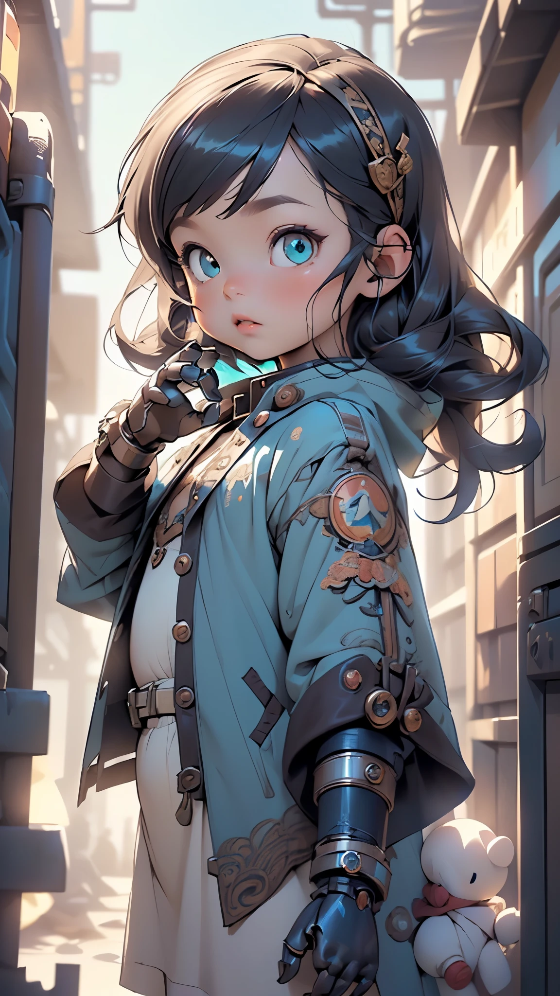 (((1 ddler:1.4))), (ba (round face), (little chest), (turquoise long hair:1.2, big forhead:1.2), turquoise hair, shiny hair, (beautiful big eyes:1.3), intricate eyes,beautiful detailed eyes,symmetrical eyes,big eyes:1.5,(turquoise eyes:1.2), extremely detailed cute anime face, clear pale blush, dark brown skin, solo,🦄,🌈,kawaii,(((lustrous skin:1.5,tanned skin,bright skin: 1.5,skin tanned,shiny skin,very shiny skin,shiny body))),((nsfw)),((little ,chibi))),((small tiny body)),,((((6 years old)) chest)),(((doll))),((doll joints:1.5,mechanical hands:1.5)),((tesla coils)),((body of a machine:1.5,metallic skin,ball joint,cyborg:1.5, robotic parts:1.5,robot:1.5,mechanical joints: 1.4,mechanical limbs)),
mini skirt,(navel),(steampunk wreath),steampunk clothes,(((blue steampunk coat,blue steampunk coat outfit,wearing a blue steampunk coat:1.3,winter blue coat)))(((white and blue theme clothes:1.2,intricate outfit,intricate clothes,embroidered, outfit,ornate outfit,embroidered clothes,ornate clothes))),
(dynamic pose:1.0),embarrassed,(centered,scale to fit dimensions,Rule of thirds),
((steampunk,industrial revolution)),scenery:1.25,((intricate scenery)),((steampunk, background)),
(Glossy winter ornaments),highres,sharp focus,(ultra detailed,extremely detailed),(photorealistic artwork:1.37),(extremely detailed CG unity 8k wallpaper),(((vibrant colors,vibrant theme))),(intricate),(masterpiece),(best quality),artistic photography,(photography taken by sldr),(intricate background),perfect rendered face,perfect face details,realistic face,photo realistic,((intricate detail)),(((realism))),
