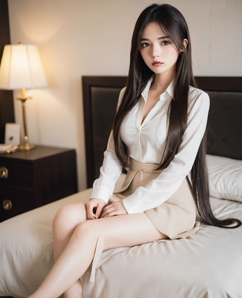 Natural lightning, Fullbody photograph, realistic beautiful, 18 years old virgin, untouched, idol face, sad, very smooth long straight hair, dark haired, large breast, small nipples, small areola, naked, nude, spread the legs, on couch, in home living room, unbuttoned long sleeve uniform shirt, showing both nipples,