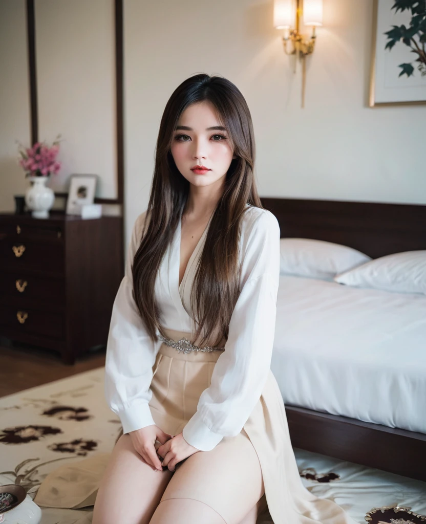 expensive Long Hair glamorous masochist、Bedroom、Sitting on the bed in a submissive pose
