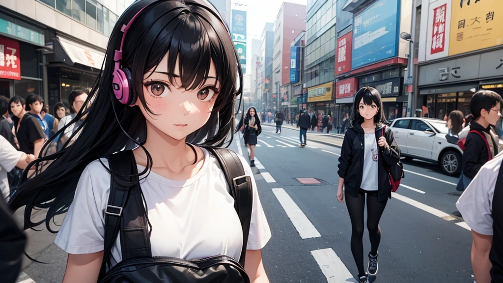 A girl with detailed black hair, wearing headphones, is depicted traveling through Nankai Namba in Osaka. Only her upper body is shown, with her face turned to the side