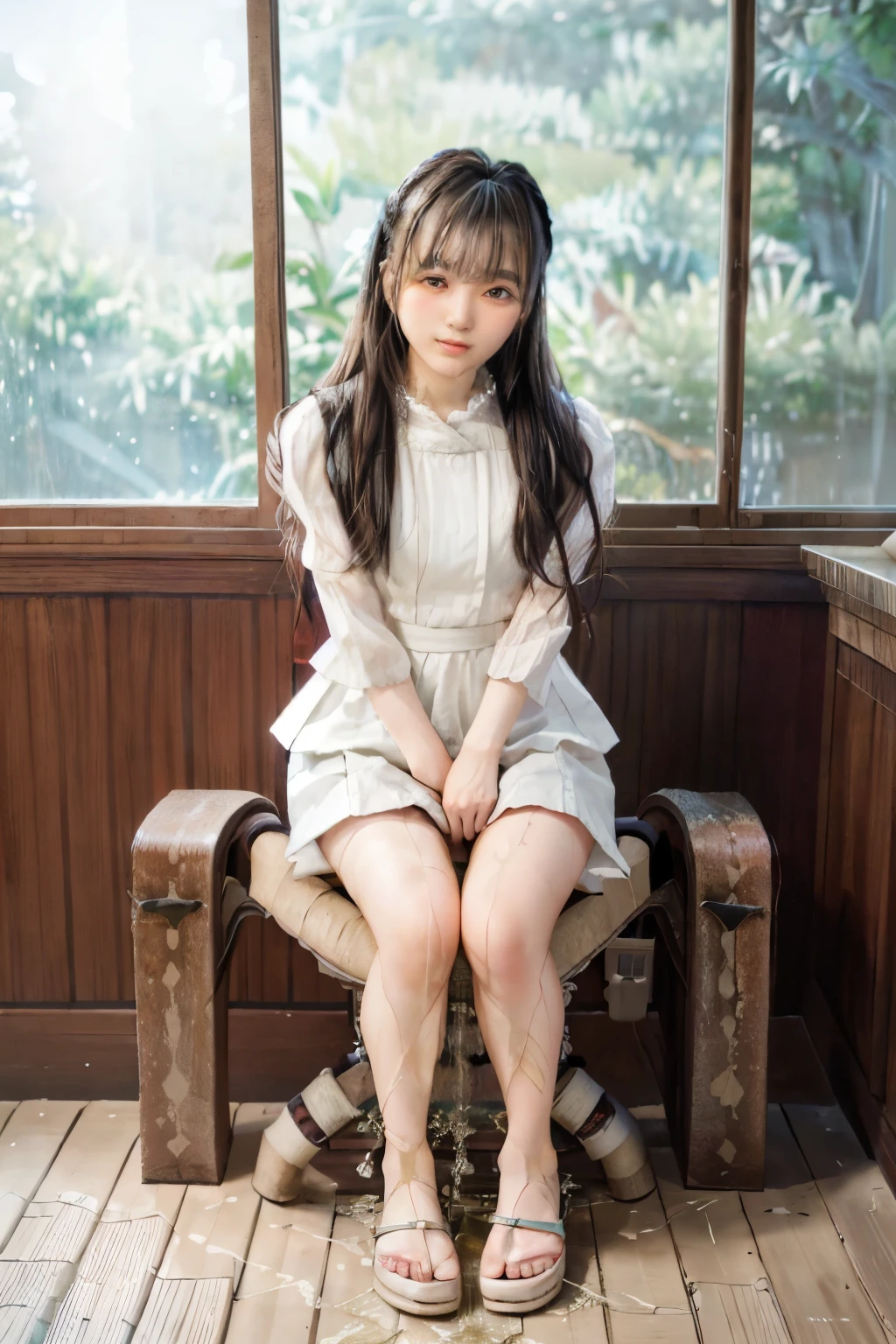 (realistic,photo-realistic:1.4),(masterpiece,best quality:1.2), RAW photo, high resolution, intricate details, extremely detailed, portrait, looking at viewer,depth of field, 1girl,solo,a Japanese girl, (white-dress, short-dress, puff-sleeves:1.4),smaller face, detailed face, detailed eyes, fine textured skin, pale skin,sandals, (straddling a Japanese-style squat toilet, peeing self, urination:1.5),photo background, indoors, Japanese public toilet,