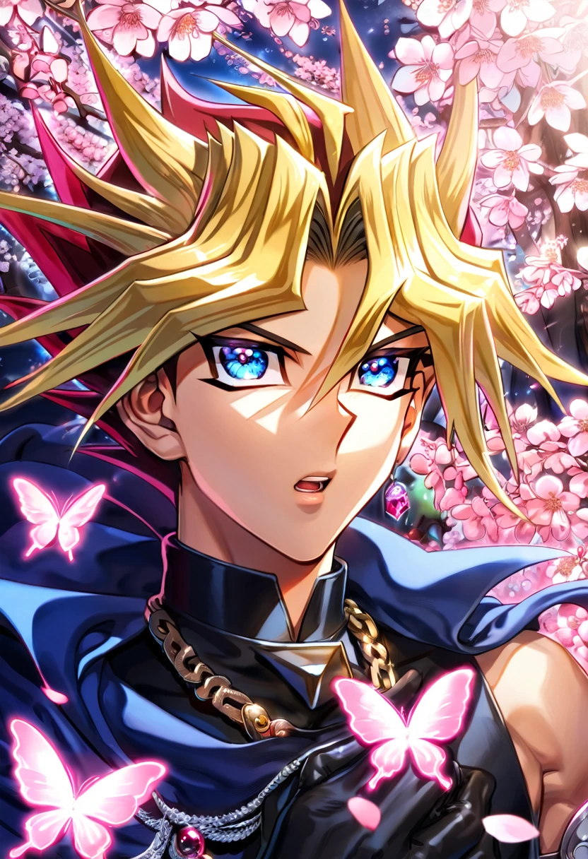 absurdres, highres, ultra detailed, HDR, master piece, best quality, extremely detailed, Yami Yugi, blonde hair, expressive blue eyes, Yu-Gi-Oh, solo, sexy man, handsome, sensual, dark blue cape, black shirt, black gloves, magical, sparkling, pink glittering fireflies, pink ice, pink ice butterflies, pink ice petals, pink ice cherry blossoms, pink crystal, pink flowers
