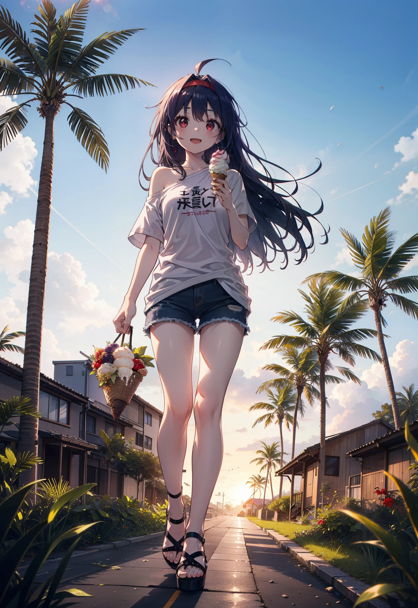 yuukikonno, Yuuki Konno, , Long Hair, Pointed Ears, Purple Hair, Ahoge,(Red eyes:1.5), (Small breasts:1.2), hair band,Oversized one-shoulder shirt,Short sleeve,Shorts,Heeled Sandals,Walking,Daytime,Clear skies,Holding and eating ice cream with both hands,happy smile,smile, Open your mouth,whole bodyがイラストに入るように,Palm tree,
break looking at viewer, whole body,
break outdoors, tropical,In town,
break (masterpiece:1.2), Highest quality, High resolution, unity 8k wallpaper, (figure:0.8), (Beautiful attention to detail:1.6), Highly detailed face, Perfect lighting, Highly detailed CG, (Perfect hands, Perfect Anatomy),