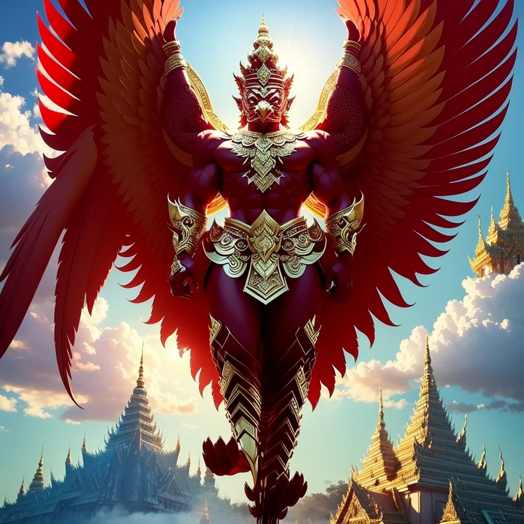 (Garuda 1) Red eyes, muscular body. Best anatomy: Red-skinned Garuda. Red-haired Garuda. Large, outstretched, red-winged Garuda. perfect wingspan Wear jewelry made from gold with Thai patterns. Gold jewelry decorated with diamonds on Garuda's head Wearing Thai cloth pants, Thai silk, red Thai pattern. Hands on hands and legs look like perfect birds. Hands, legs, feet are perfect. Stand on the ground, look straight, stand fully. The skin is the most detailed. The skin is red. The fur is the most detailed red. Red eyes, best detail The best anatomical details, details, cloth, accessories, Thai warrior armor. Best Metal Details Best Weapons Best Weapon Details (Special details Masterpiece quality Realistic Photos(Ultimate Realistic Photos 8k,16k,32k) Maximum realism and best lighting details. Best light quality, best shadows World class photography studio (Best close-up view)(The backdrop of the Thai temple castle is extinguished with gold, silver, emeralds, diamonds, perfect. The background is the sky, clouds, and fog. It feels natural and realistic.)