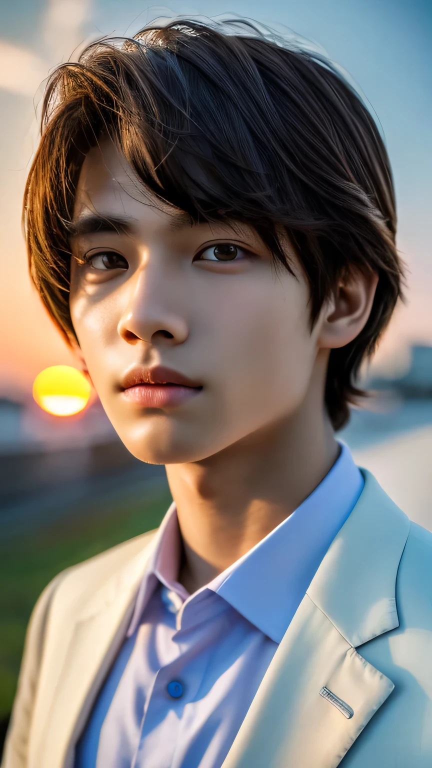 Highest quality, masterpiece, Ultra-high resolution, (Realistic: 1.4), Original photo, wallpaper, Head Photo, skin, Simple Background, Iris, detailed, Selfie, 1 boy, 18-year-old, good looking, Wind,suit、Sunset