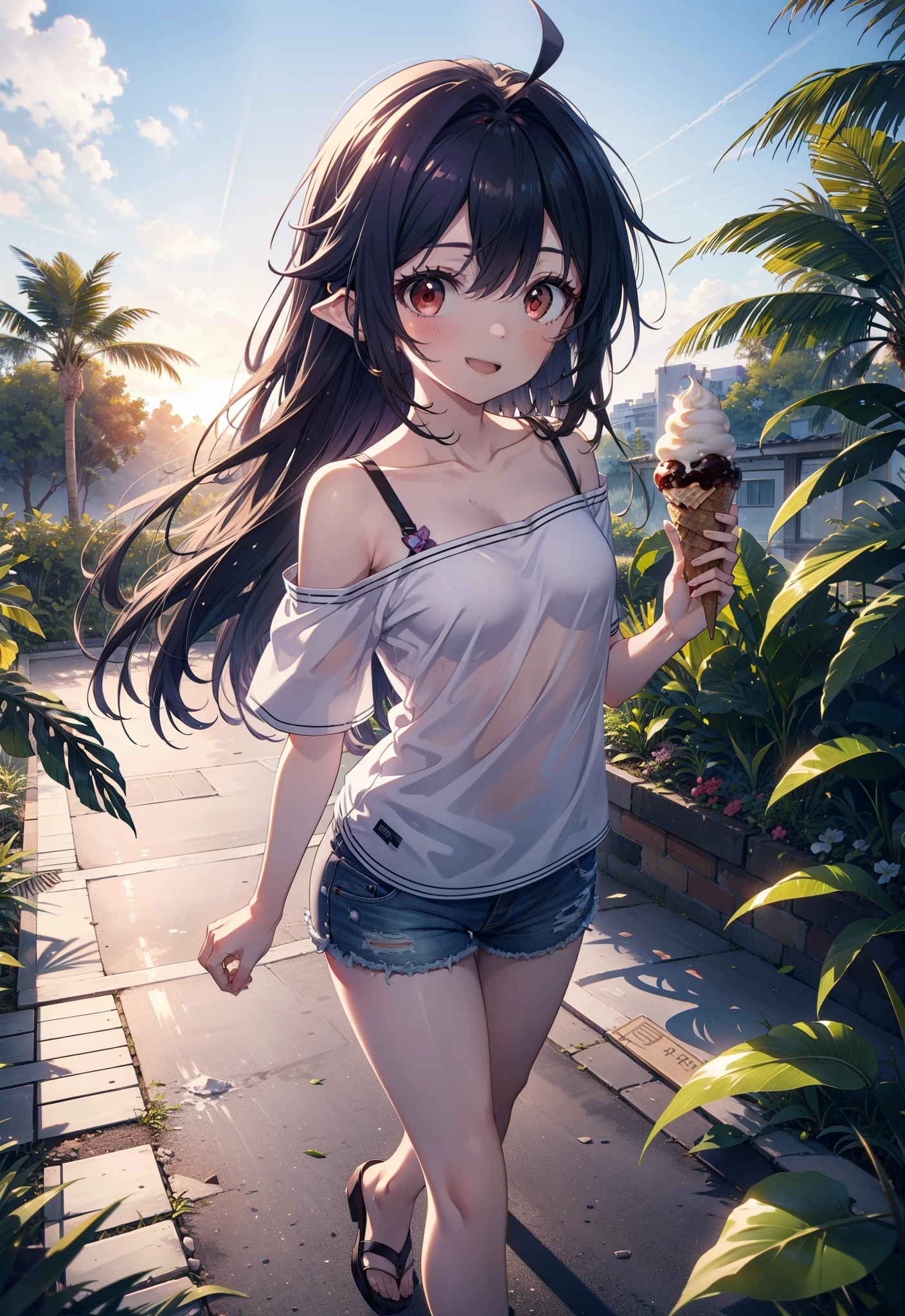 yuukikonno, Yuuki Konno, , Long Hair, Pointed Ears, Purple Hair, Ahoge,(Red eyes:1.5), (Small breasts:1.2), hair band,Oversized one-shoulder shirt,Short sleeve,Shorts,Heeled Sandals,Walking,Daytime,Clear skies,Holding and eating ice cream with both hands,happy smile,smile, Open your mouth,whole bodyがイラストに入るように,Palm tree,
break looking at viewer, whole body,
break outdoors, tropical,In town,
break (masterpiece:1.2), Highest quality, High resolution, unity 8k wallpaper, (figure:0.8), (Beautiful attention to detail:1.6), Highly detailed face, Perfect lighting, Highly detailed CG, (Perfect hands, Perfect Anatomy),