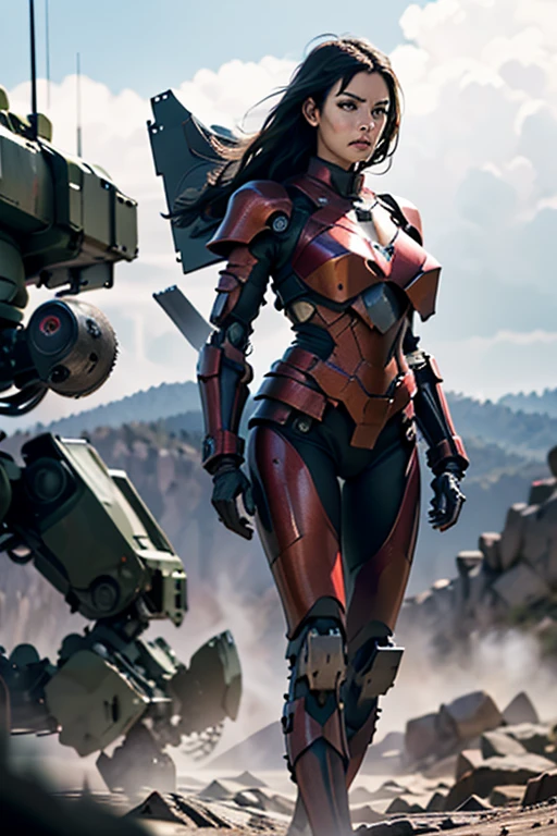 A still from a film showing a female mech pilot standing in front of her (Large combat mech:1.3), Sci-Fi Armor, military base, Strong winds, Sci-fi helmet in hand, visor, Detailed eyes, dry skin, Skin fuzz, Visible skin hair, Skin blemishes ,, Shallow depth of field, Vignette, Very detailed, big budget hollywood movie, Bokeh, CinemaScope, Sulky, amazing, nice, Film Grain