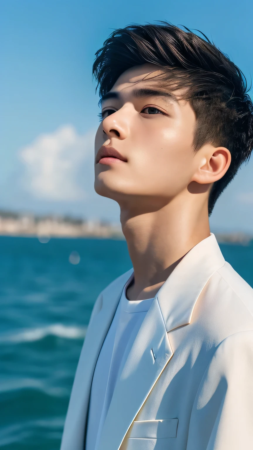 Highest quality, masterpiece, Ultra-high resolution, (Realistic: 1.4), Original photo, wallpaper, Head Photo, skin, Simple Background, Iris, detailed, Selfie, 1 boy, 18-year-old, good looking, Wind,suit,Ocean